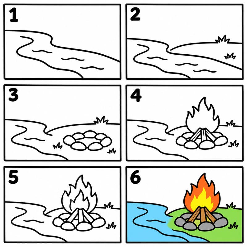 Campfire near a river Drawing Ideas