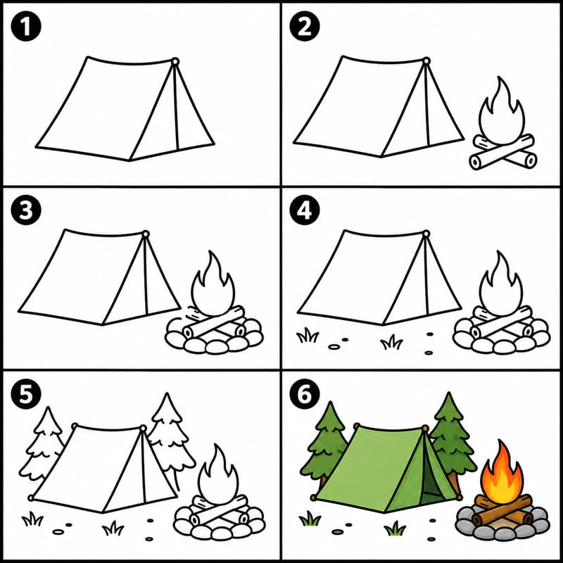 Campfire next to a tent Drawing Ideas