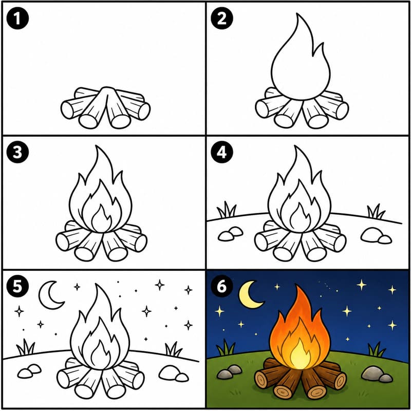 Campfire under a starry sky Drawing Ideas