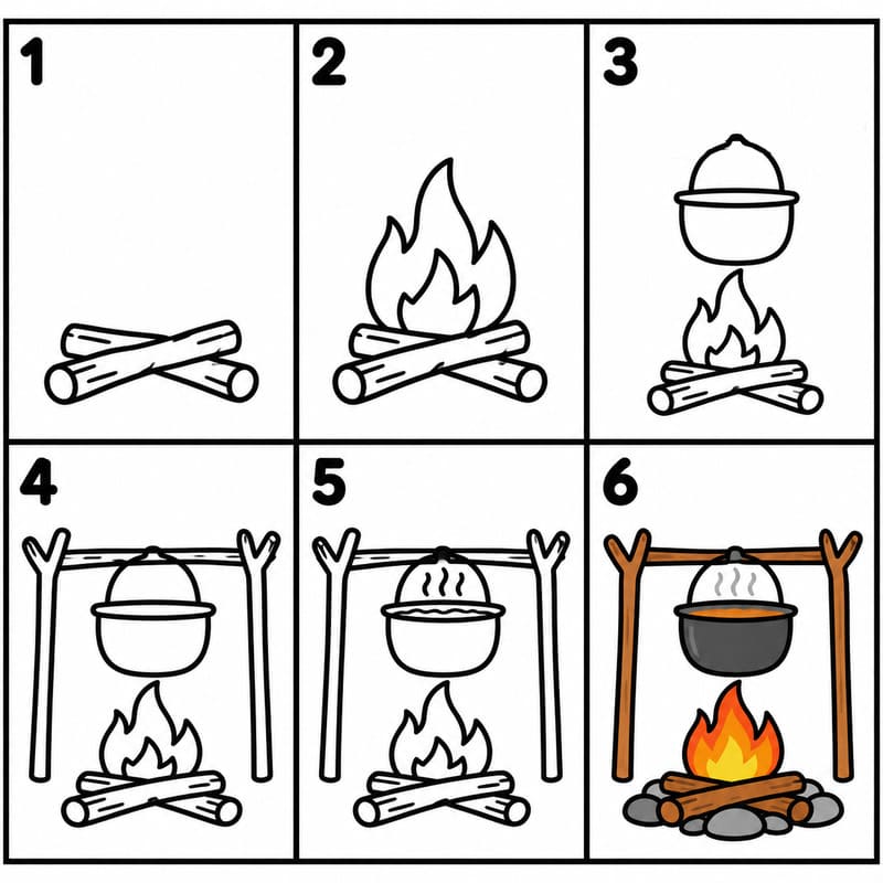 Campfire with a pot hanging over Drawing Ideas