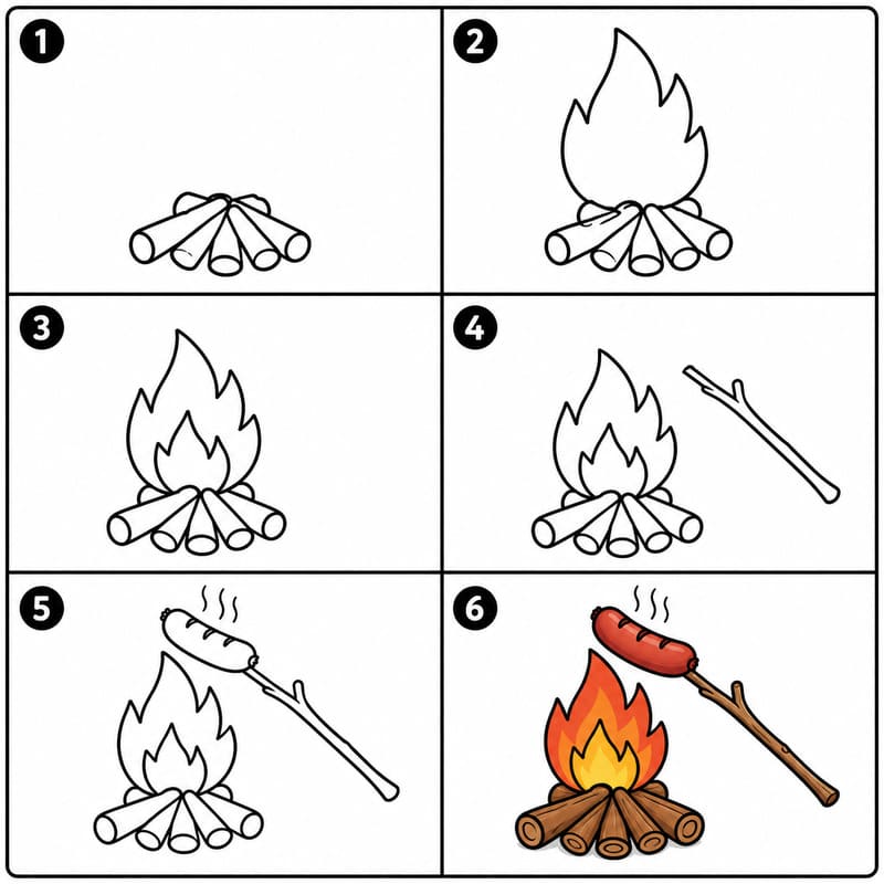 Campfire with hotdog on a stick Drawing Ideas