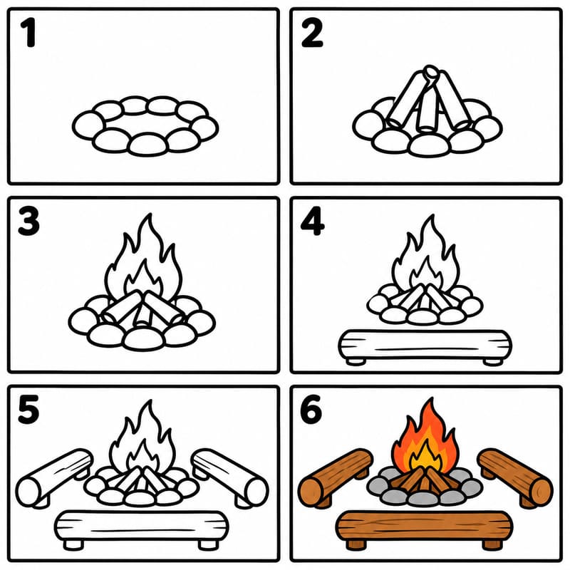 Campfire with log benches Drawing Ideas