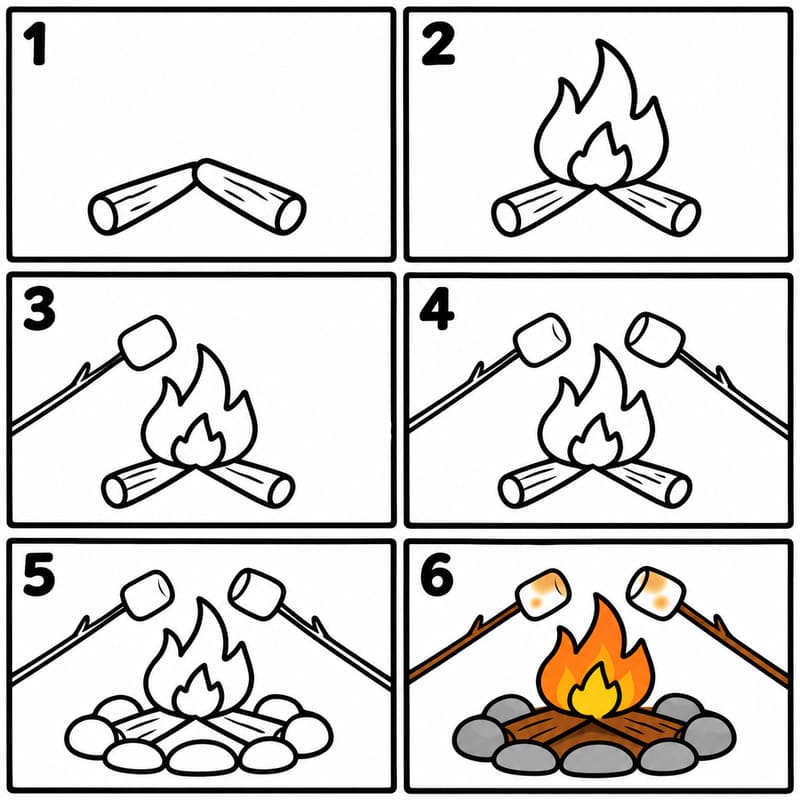 Campfire with roasting marshmallows Drawing Ideas
