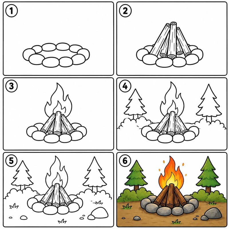 Campfire with simple forest background Drawing Ideas