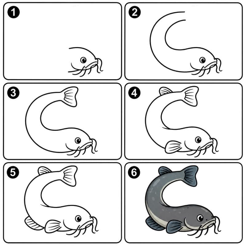 Catfish Curled into a C Shape Drawing Ideas