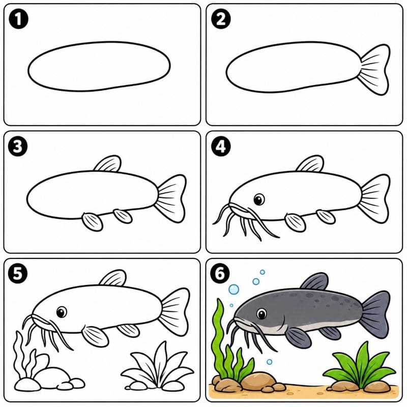 Catfish with Water Plants Drawing Ideas