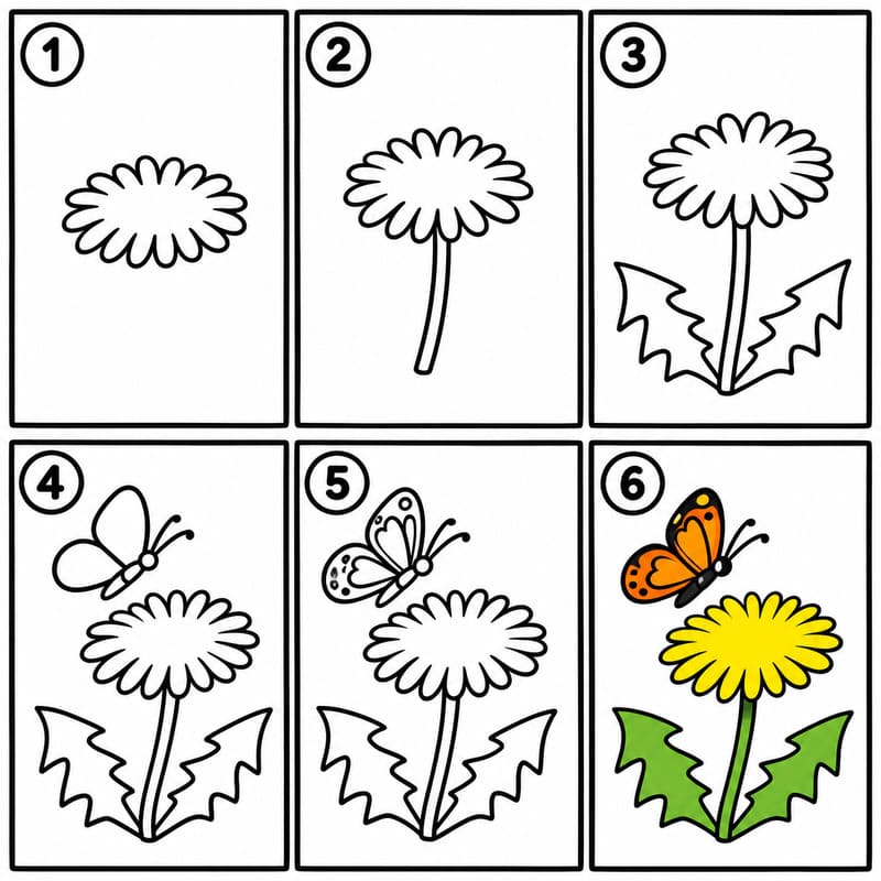 Dandelion with a butterfly Drawing Ideas