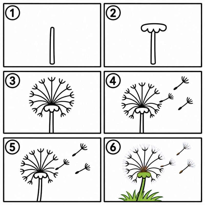Dandelion with flying seeds Drawing Ideas