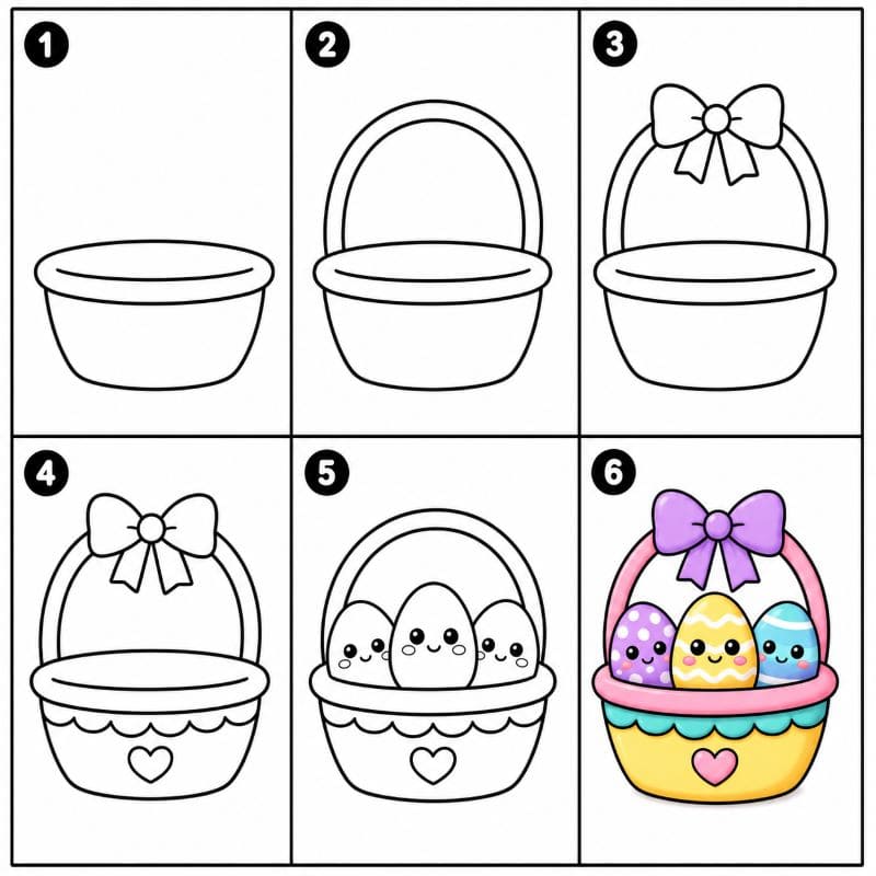 Easter basket with adorable eggs Drawing Ideas