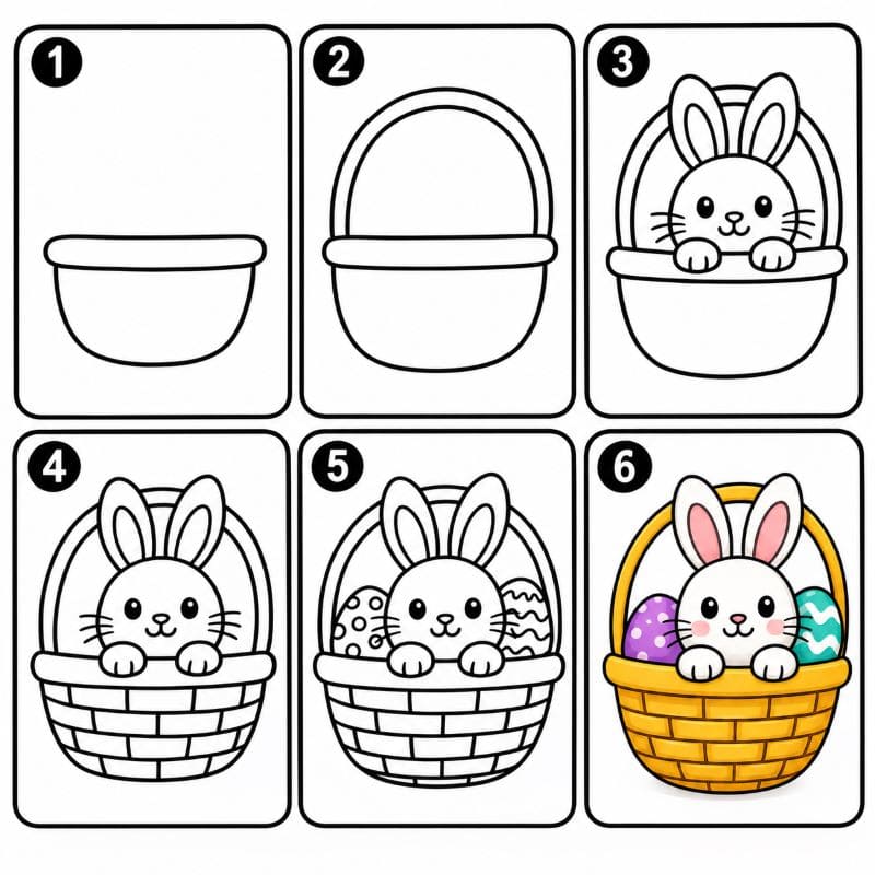 Easter basket with bunny and eggs Drawing Ideas