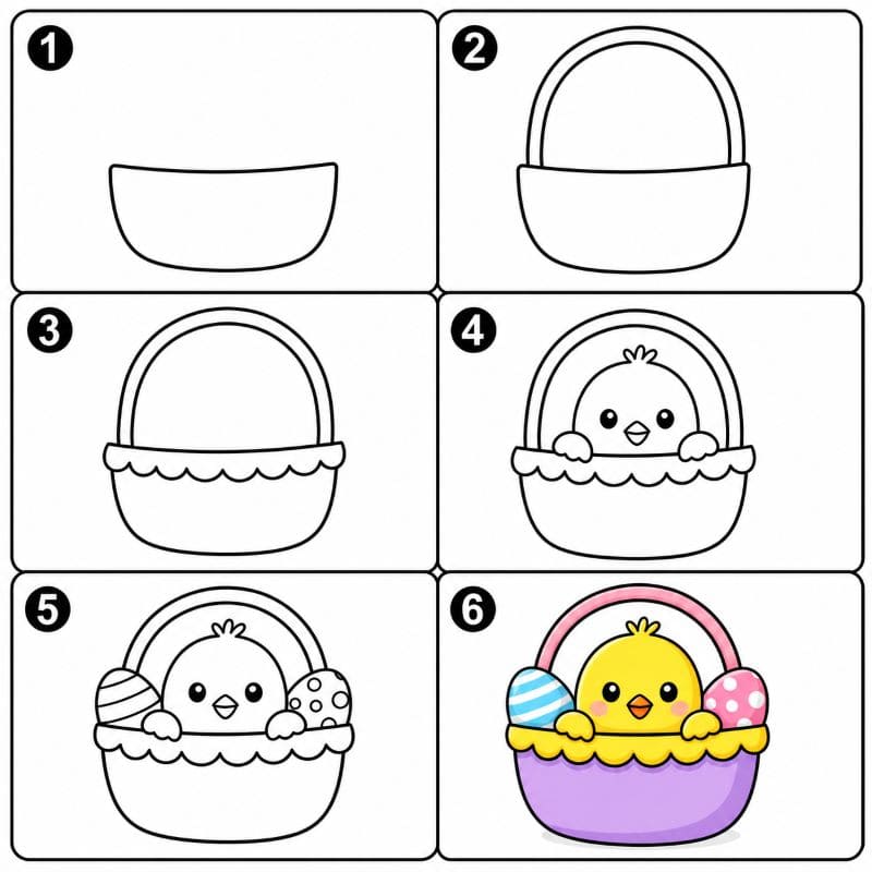 Easter basket with chick and eggs Drawing Ideas