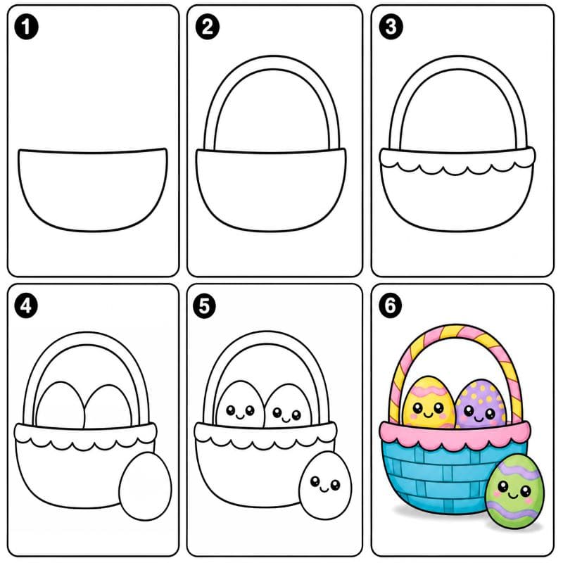 Easter basket with cute eggs Drawing Ideas