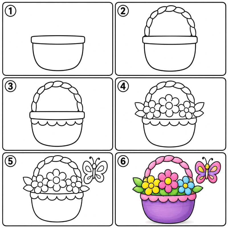 Easter basket with flowers and butterfly Drawing Ideas