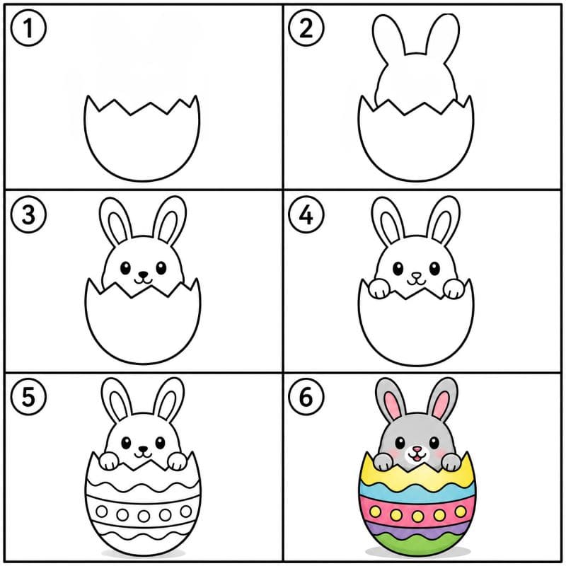 Easter bunny in a giant egg Drawing Ideas