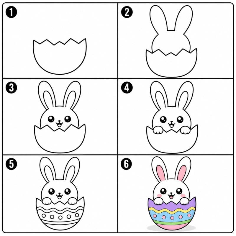Easter bunny in an egg shell Drawing Ideas