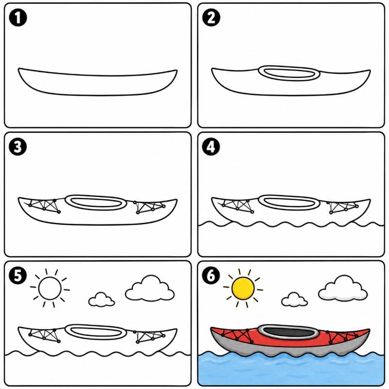 Kayak with sun and clouds Drawing Ideas