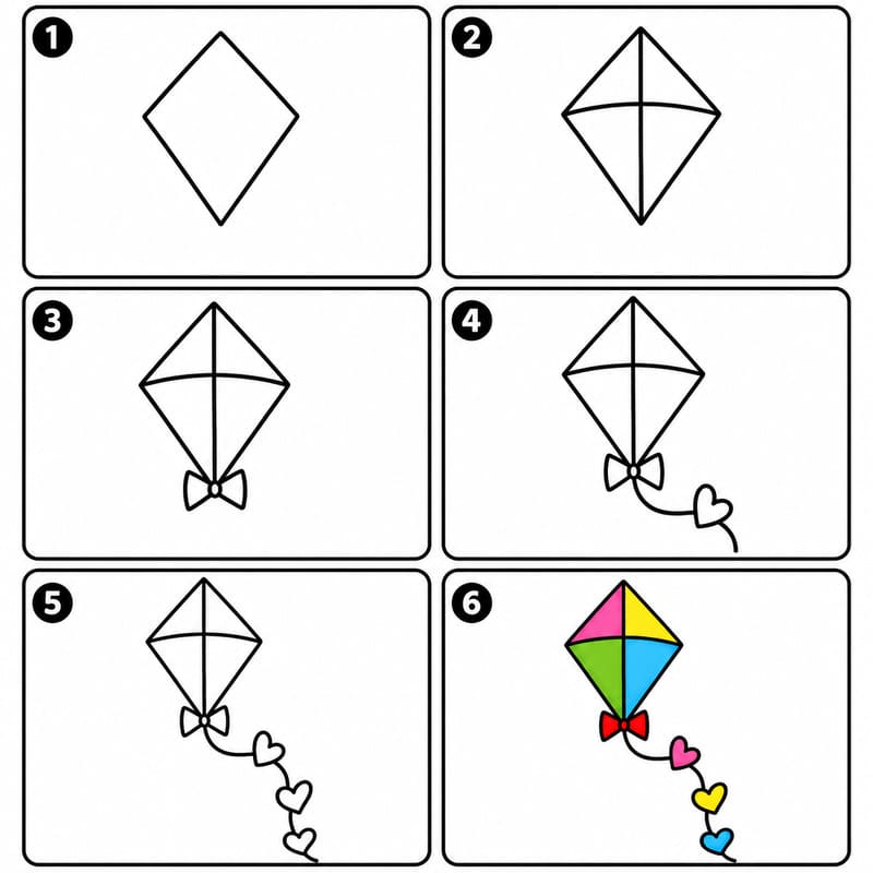 Kite with heart-shaped tail pieces Drawing Ideas