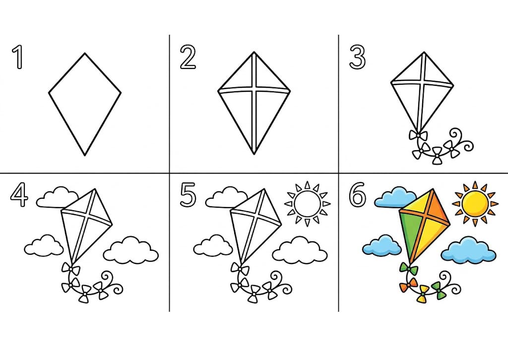 Kite with sun and clouds Drawing Ideas