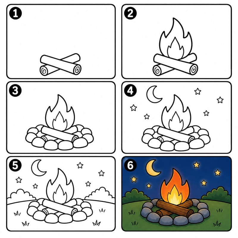 Night campfire Drawing Ideas