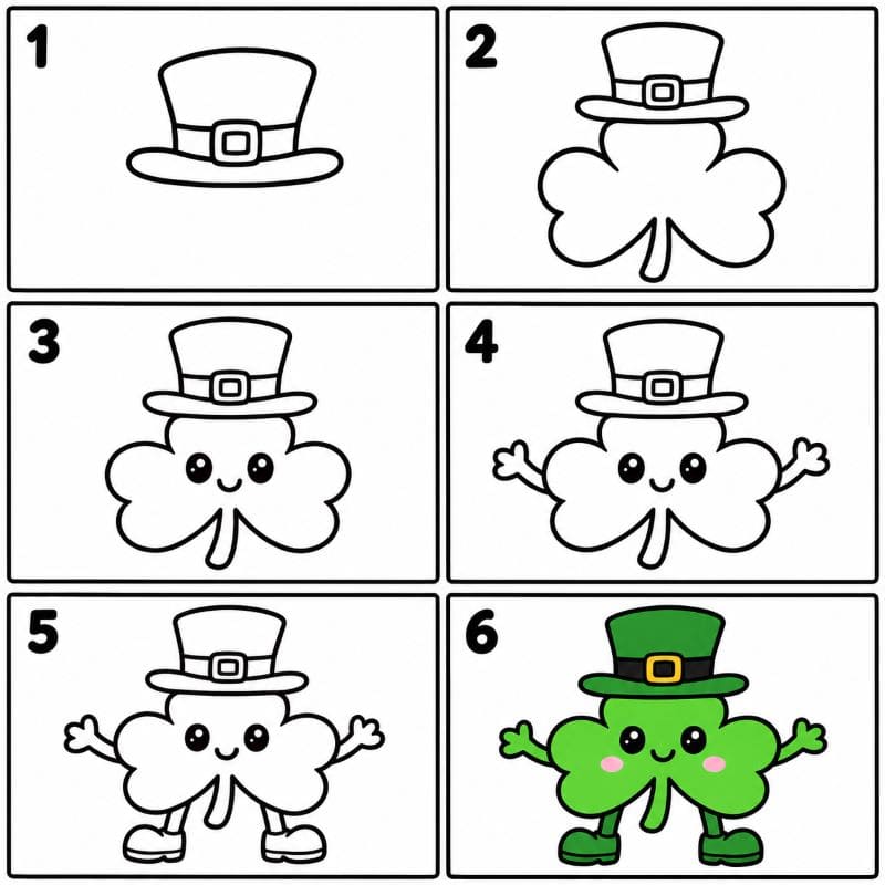 Shamrock character wearing a leprechaun hat Drawing Ideas