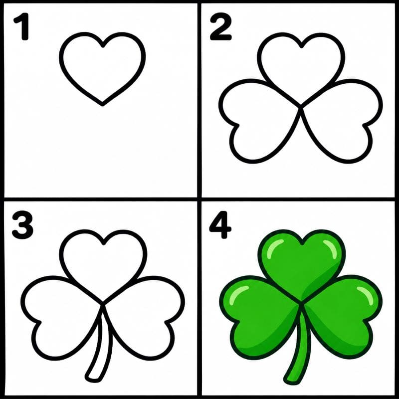 Shamrock made from heart-shaped leaves Drawing Ideas