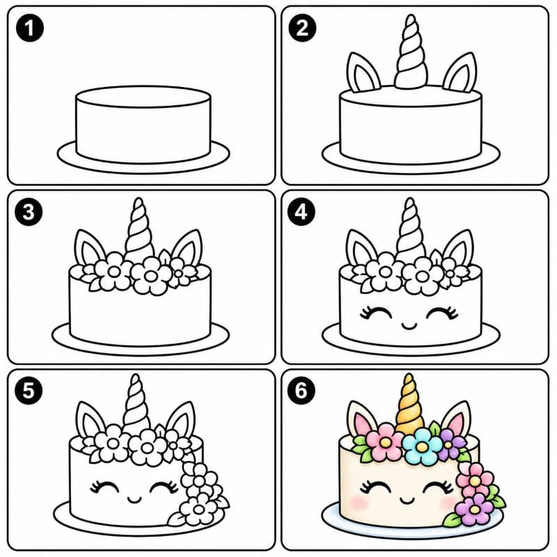 Unicorn cake with flower frosting Drawing Ideas