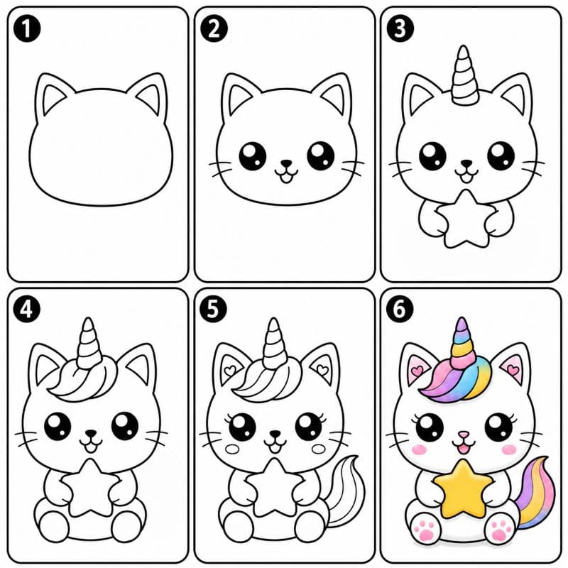 Unicorn cat holding a star Drawing Ideas