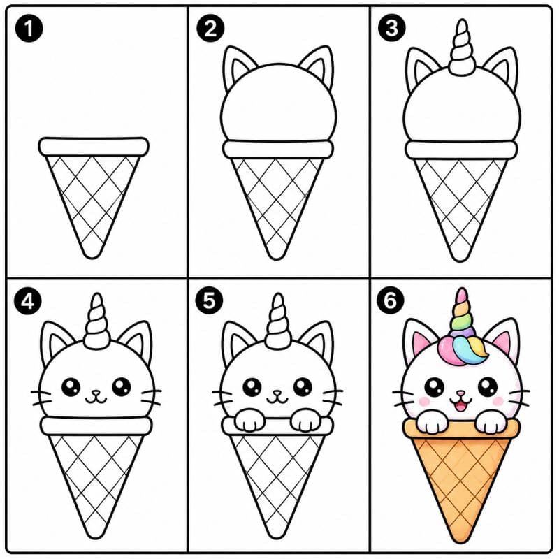 Unicorn cat inside an ice cream cone Drawing Ideas