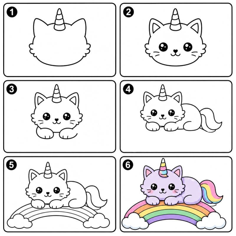 Unicorn cat laying on a rainbow Drawing Ideas