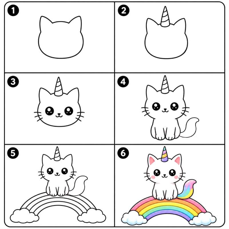 Unicorn cat on a rainbow Drawing Ideas