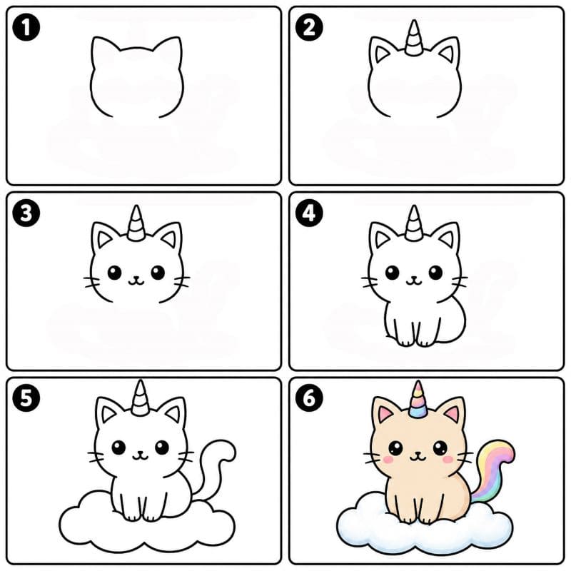 Unicorn cat sitting on a cloud Drawing Ideas