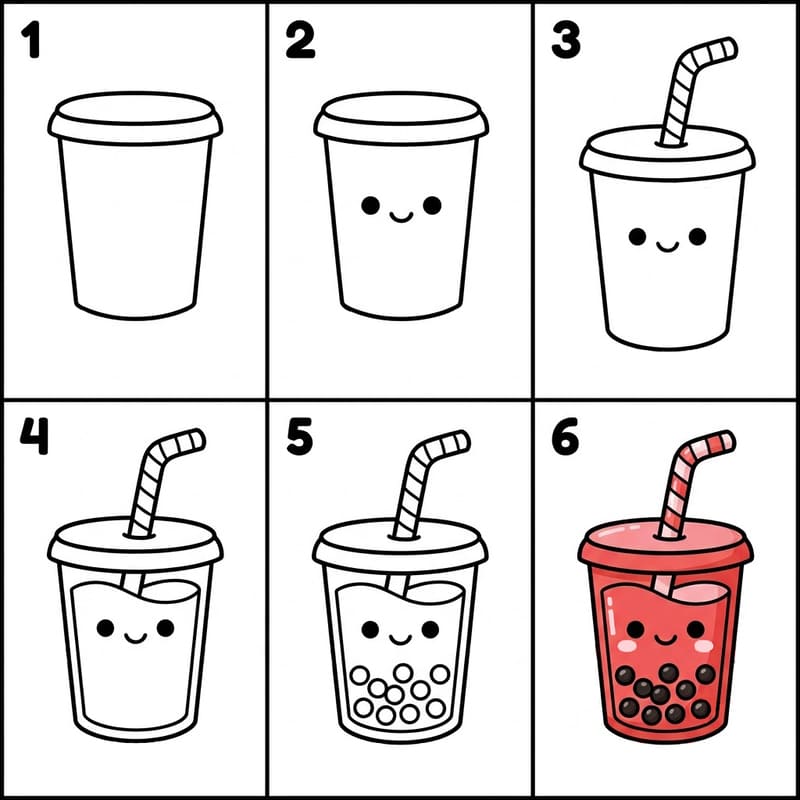 Boba tea with striped straw Drawing Ideas