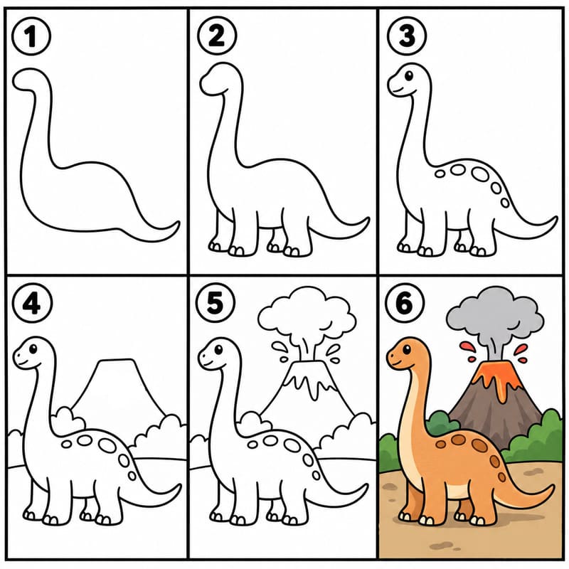 Brontosaurus with a Volcano Drawing Ideas