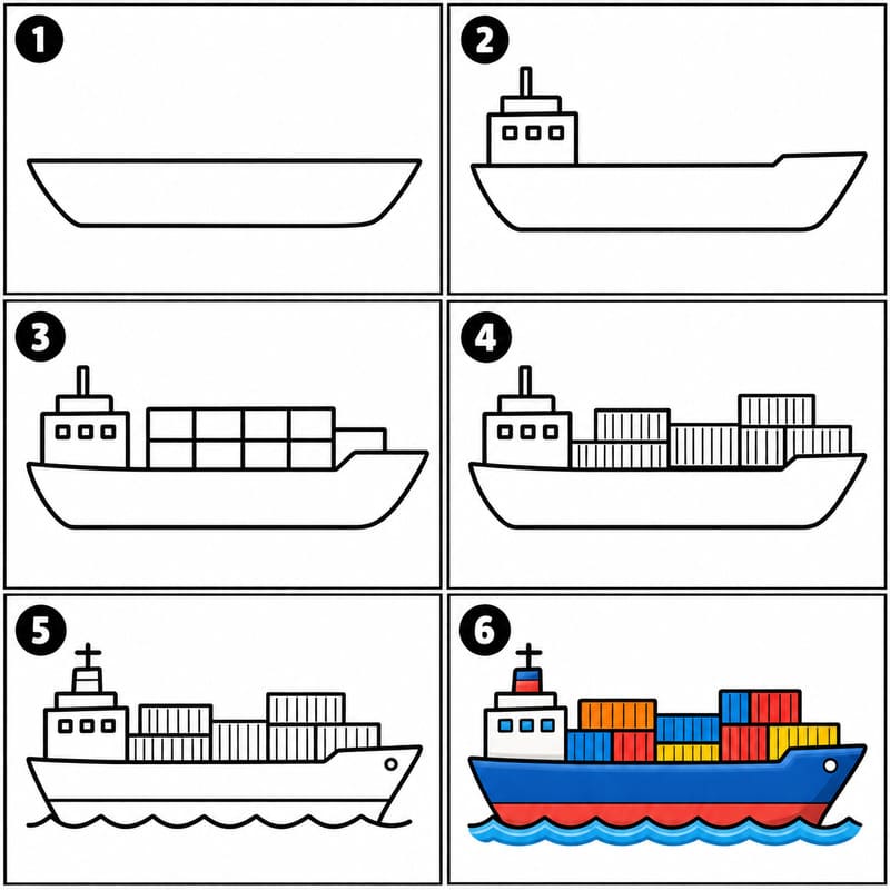 Cargo ship with containers Drawing Ideas