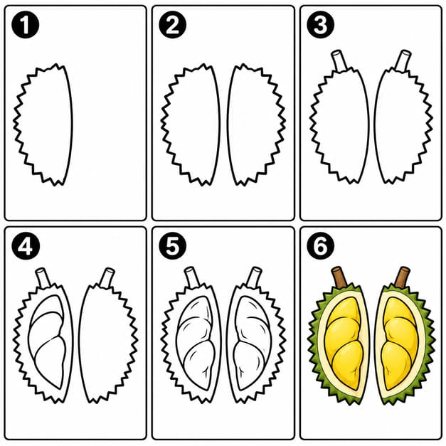 Durian split into 2 halves Drawing Ideas