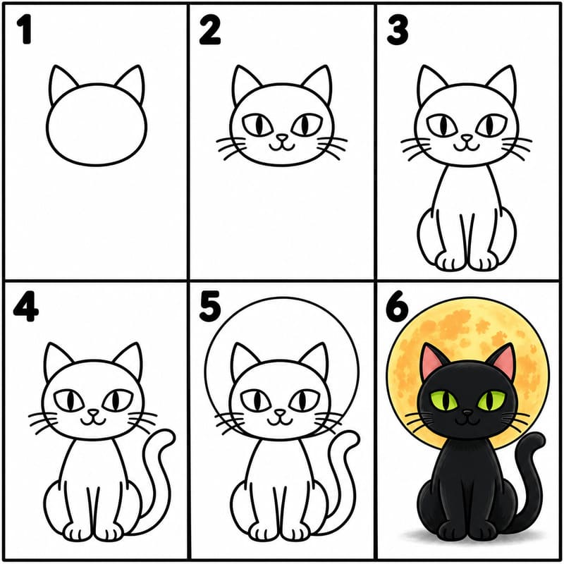 Halloween cat and a big moon Drawing Ideas