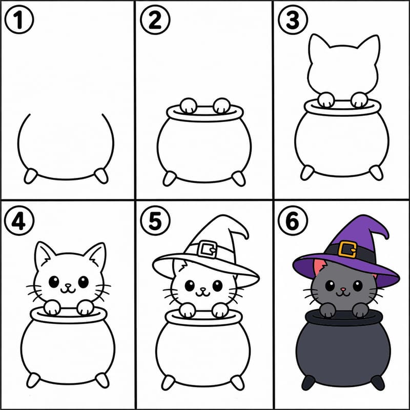 Halloween cat and a cauldron Drawing Ideas