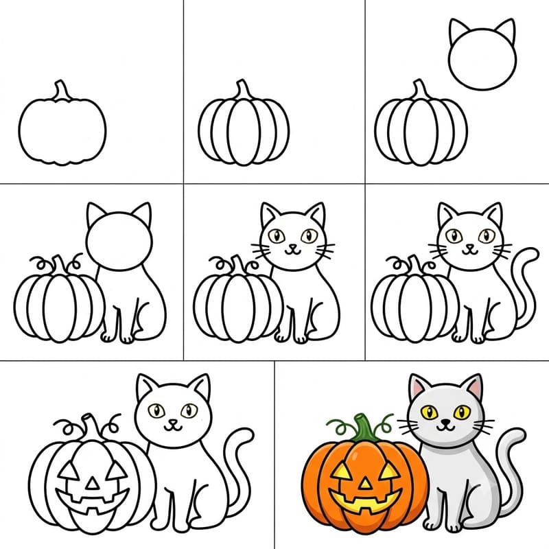 Halloween cat and pumpkin Drawing Ideas