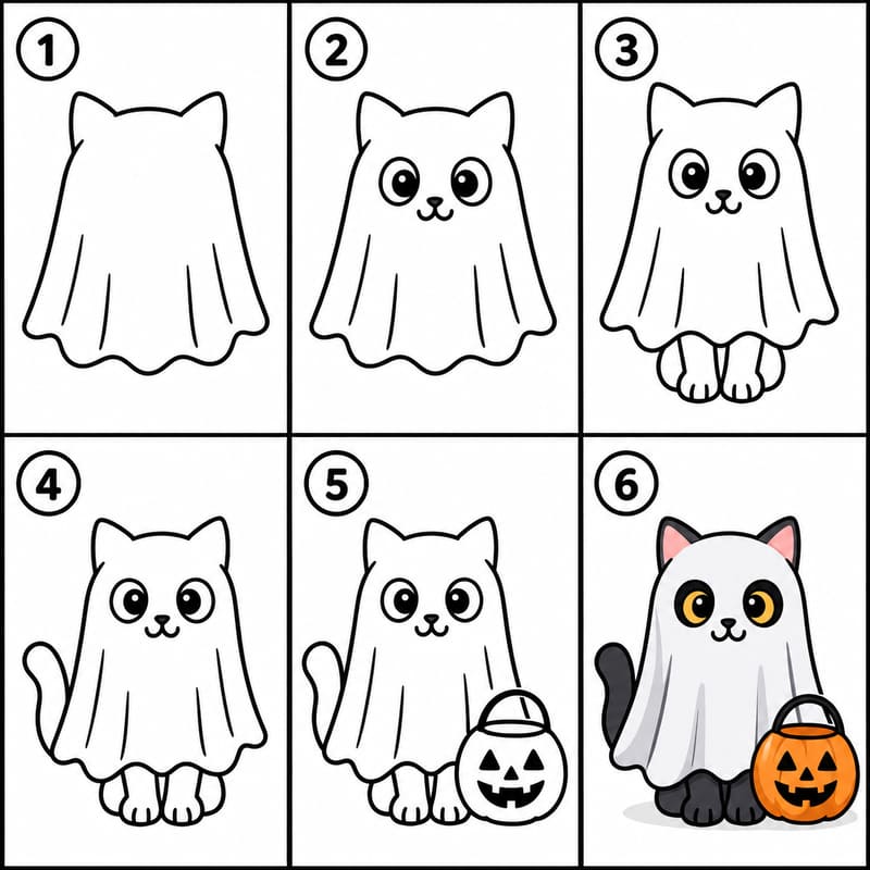 Halloween cat dressed as a ghost Drawing Ideas