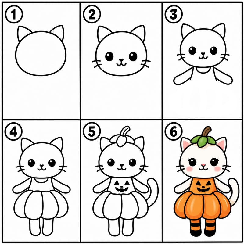 Halloween cat dressed as a pumpkin Drawing Ideas