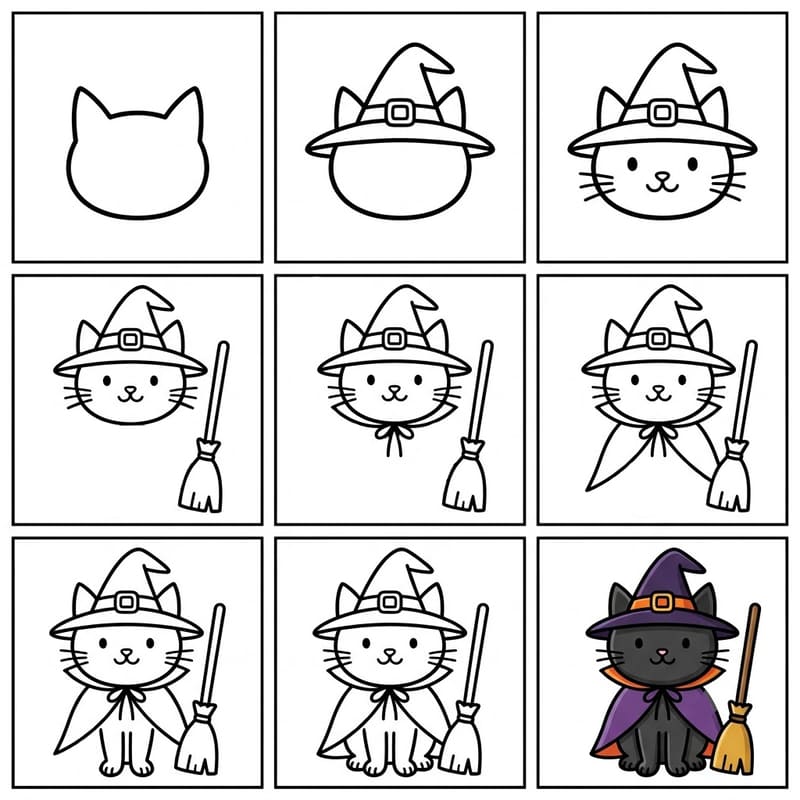 Halloween cat dressed as a witch Drawing Ideas