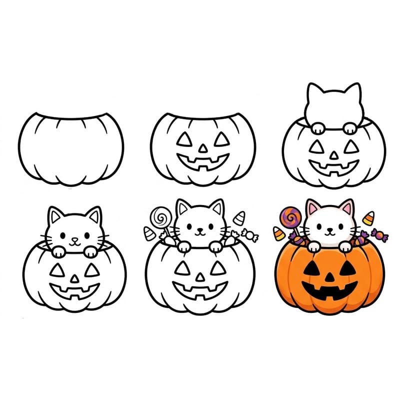 Halloween cat inside pumpkin Drawing Ideas