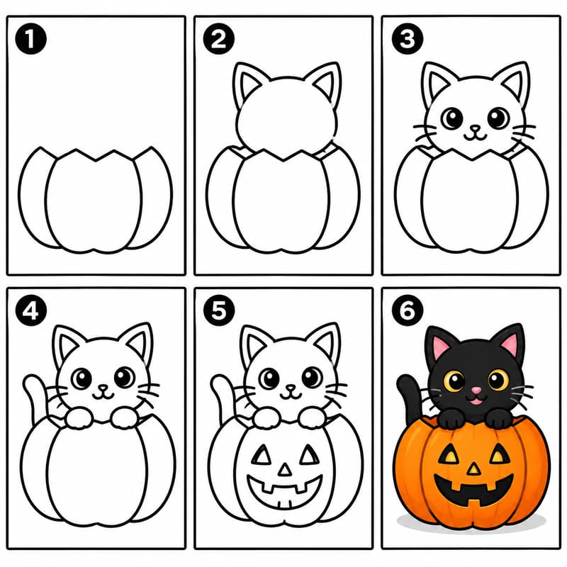 Halloween cat popping out of a pumpkin Drawing Ideas