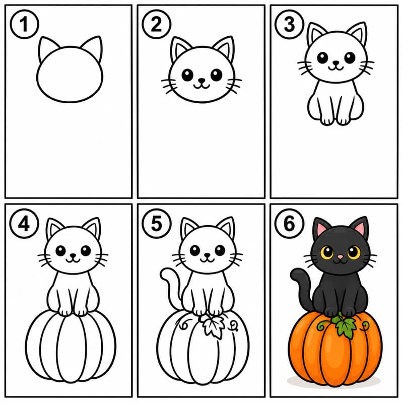 Halloween cat sitting on a pumpkin Drawing Ideas