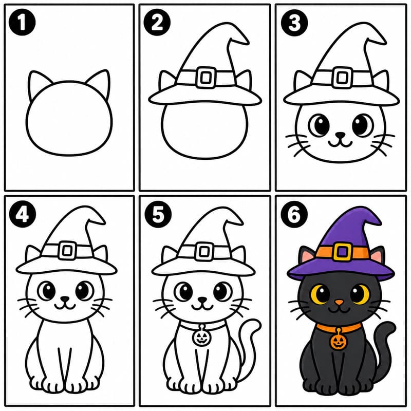 Halloween cat wearing a witch hat Drawing Ideas