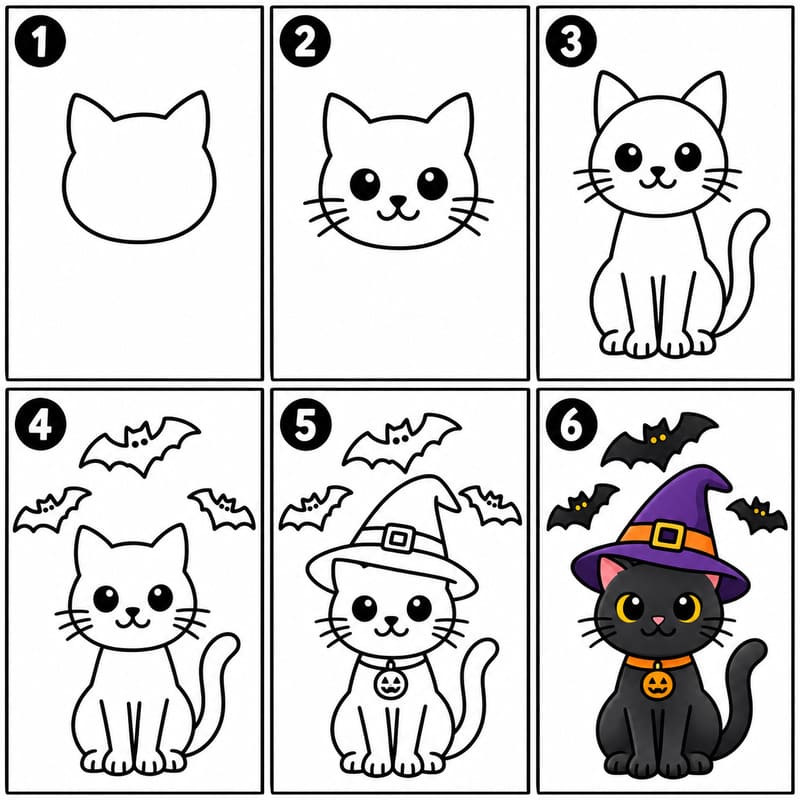 Halloween cat with bats Drawing Ideas