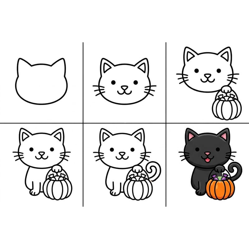 Halloween cat with pumpkin bag Drawing Ideas