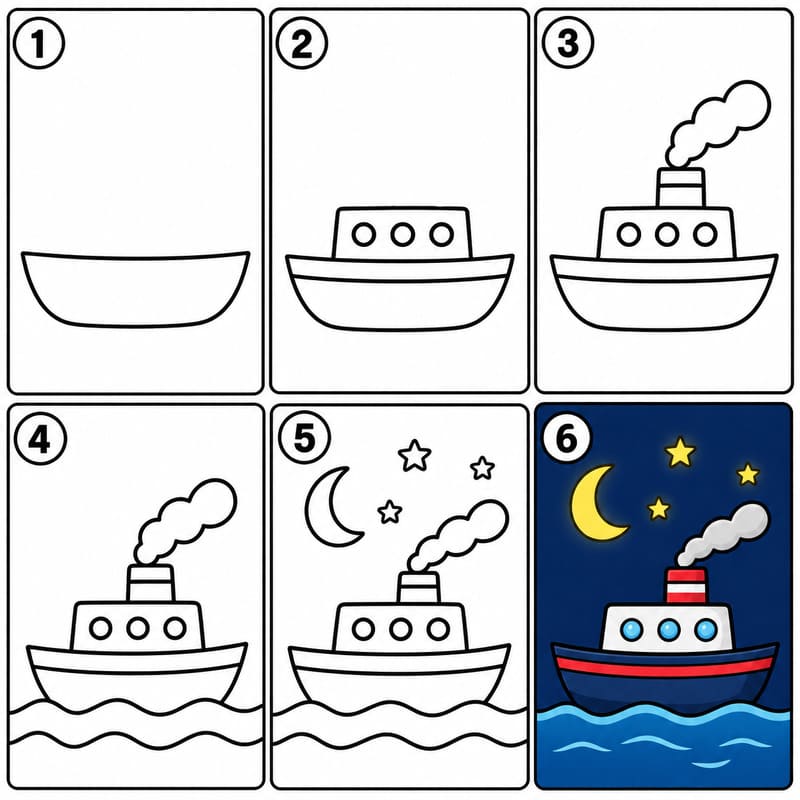 Night ship with moon & stars Drawing Ideas