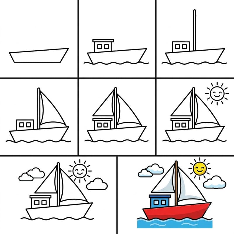 Ship with sun and clouds Drawing Ideas