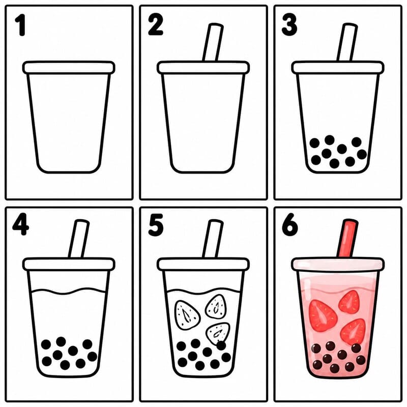 Strawberry boba tea Drawing Ideas